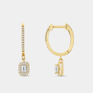 Gilded 1/2 Carat Lab-Grown Diamond Huggie Hoop Earrings with an Emerald-Cut, Halo Drop