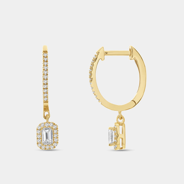 1/2 Carat Lab-Grown Diamond Huggie Hoop Earrings with an Emerald-Cut, Halo Drop — GILDED New York