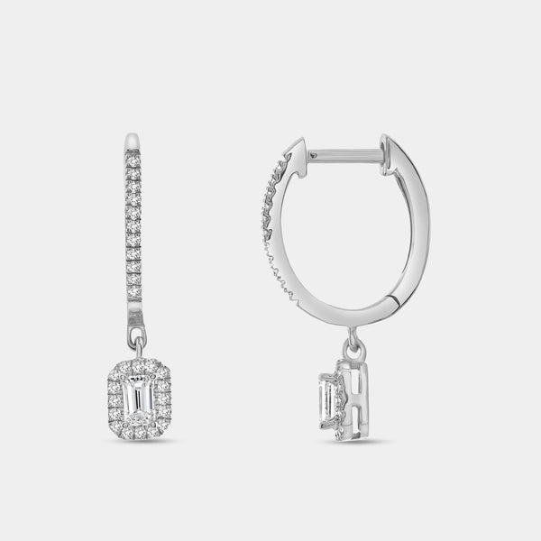1/2 Carat Lab-Grown Diamond Huggie Hoop Earrings with an Emerald-Cut, Halo Drop — GILDED New York