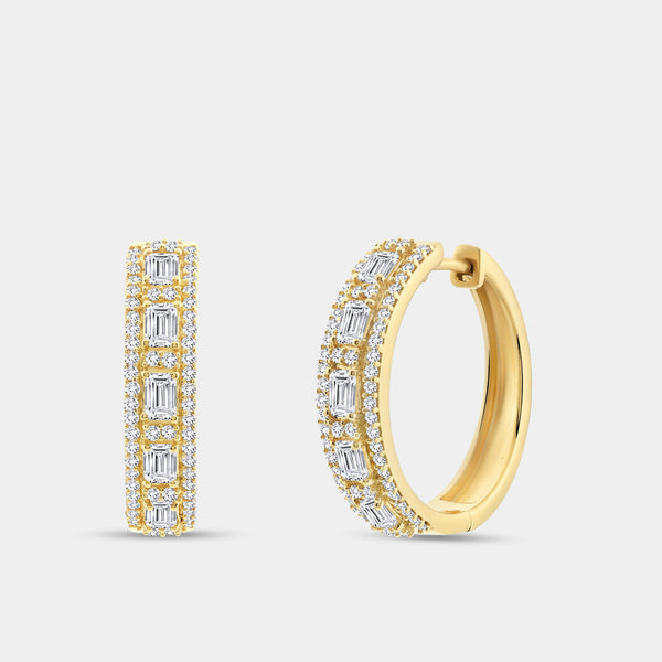 Gilded 1 and 1/2 Carat Lab-Grown Diamond Emerald-Cut Hoops with Round-Shaped Accents