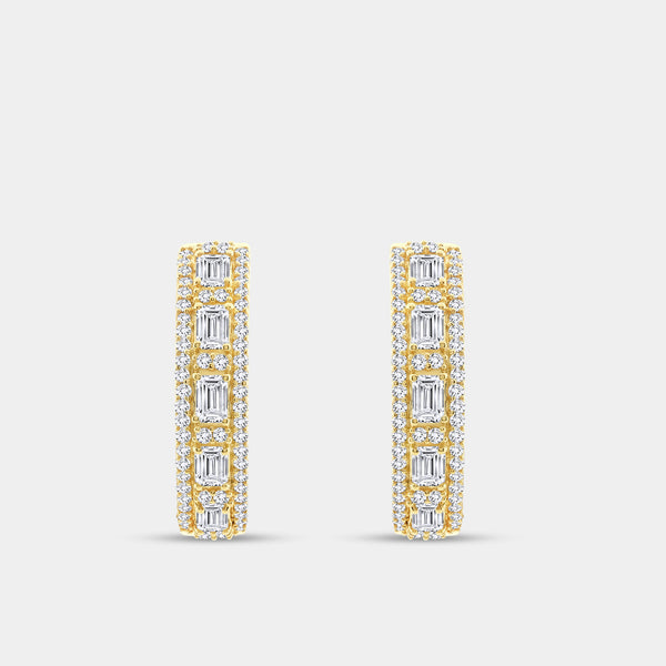 Gilded 1 and 1/2 Carat Lab-Grown Diamond Emerald-Cut Hoops with Round-Shaped Accents
