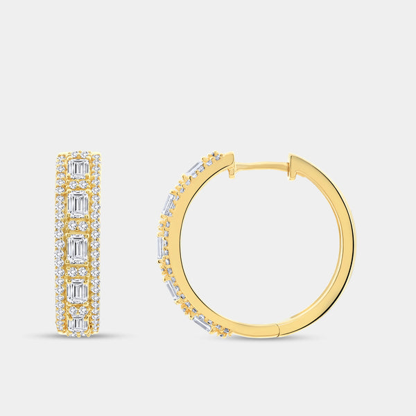 Gilded 1 and 1/2 Carat Lab-Grown Diamond Emerald-Cut Hoops with Round-Shaped Accents
