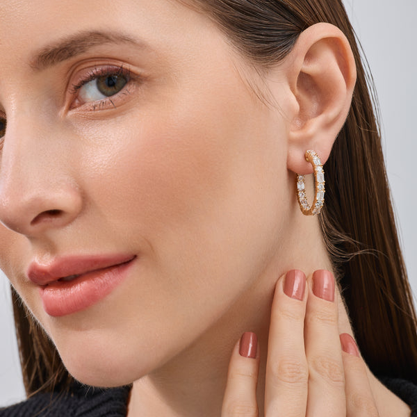 Gilded 5 Carat Lab-Grown Diamond Emerald-Cut, Round-Shaped Hoops