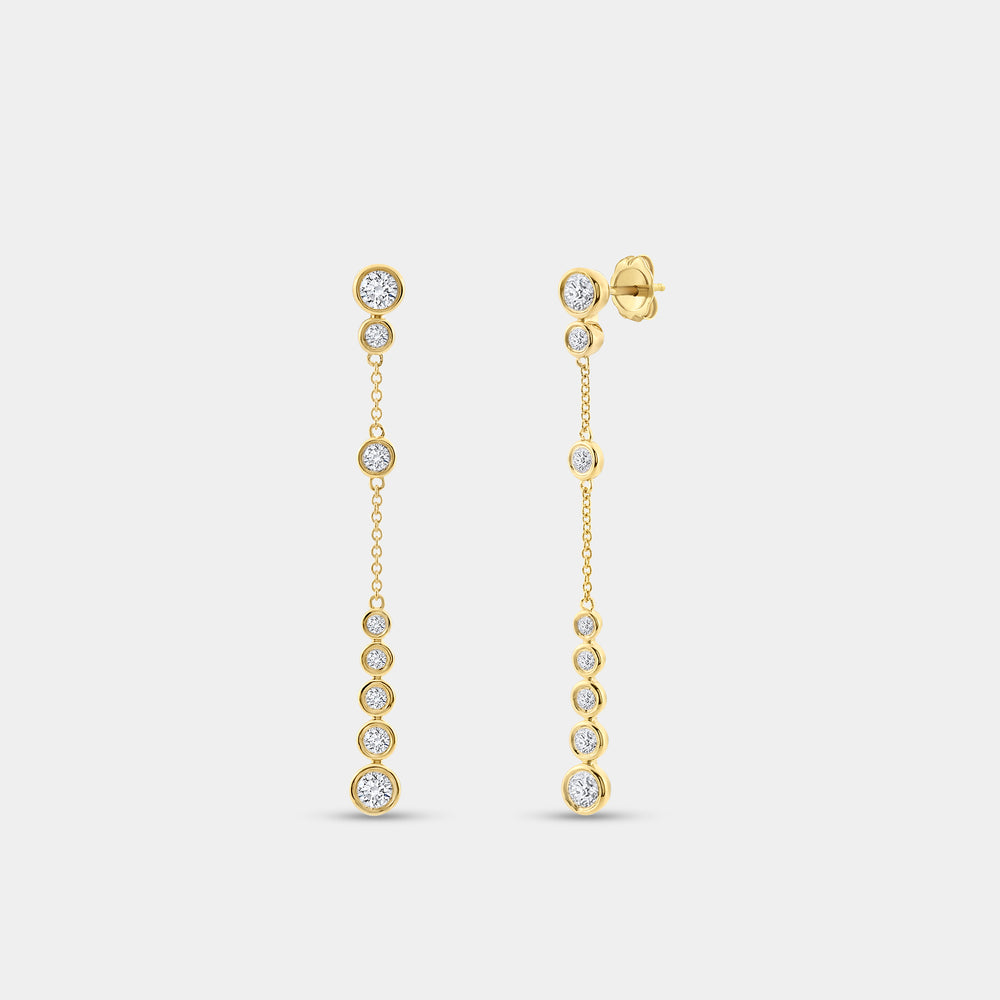Gilded 1 and 1/2 Carat Lab-Grown Diamond Drop Earrings with a Chain and Graduating Bezel-Set Stones