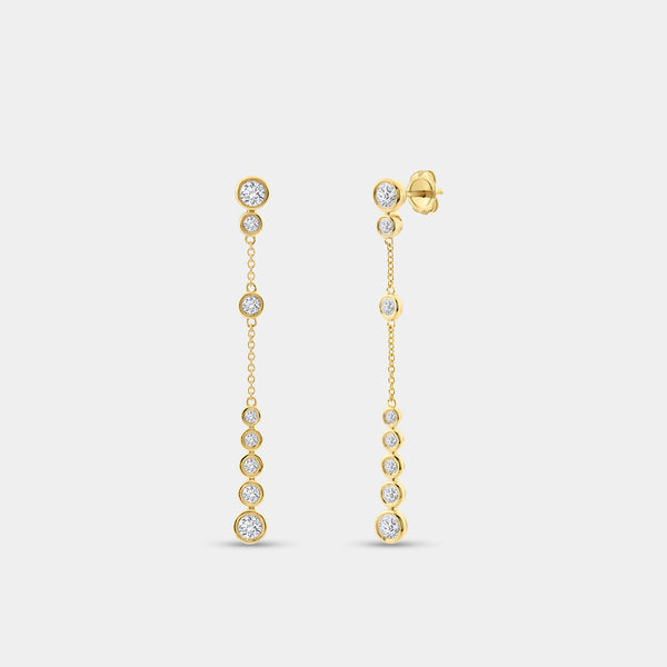 Gilded 1 and 1/2 Carat Lab-Grown Diamond Drop Earrings with a Chain and Graduating Bezel-Set Stones