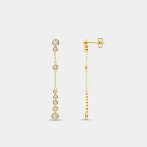 Gilded 1 and 1/2 Carat Lab-Grown Diamond Drop Earrings with a Chain and Graduating Bezel-Set Stones