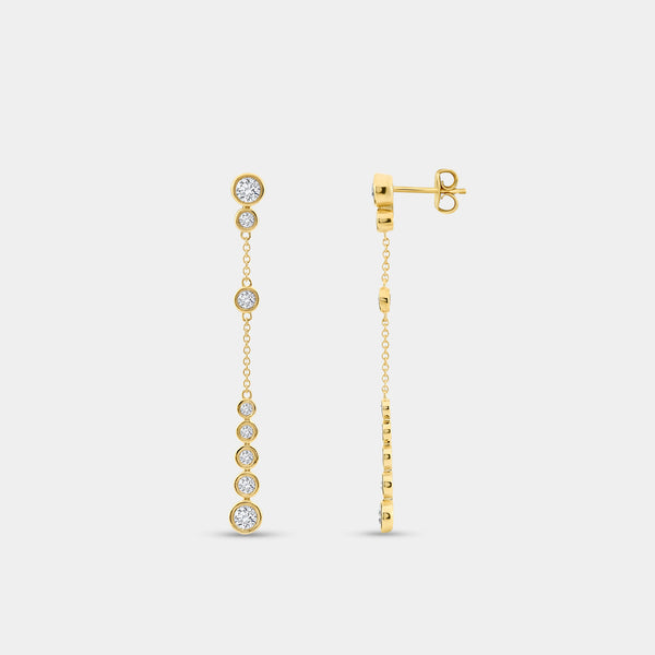 1 and 1/2 Carat Lab-Grown Diamond Drop Earrings with a Chain and Graduating Bezel-Set Stones — GILDED New York