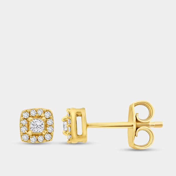 Gilded 1/4 Carat Lab-Grown Diamond Princess-Cut Stud Plus with a Cushion Halo