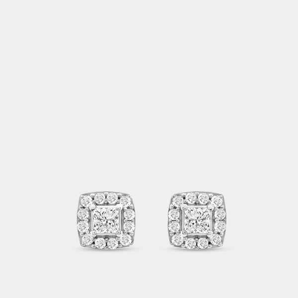 Gilded 1/2 Carat Lab-Grown Diamond Princess-Cut Stud Plus with a Cushion Halo
