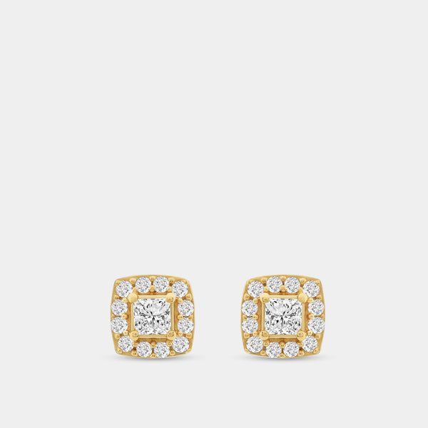 Gilded 1/2 Carat Lab-Grown Diamond Princess-Cut Stud Plus with a Cushion Halo
