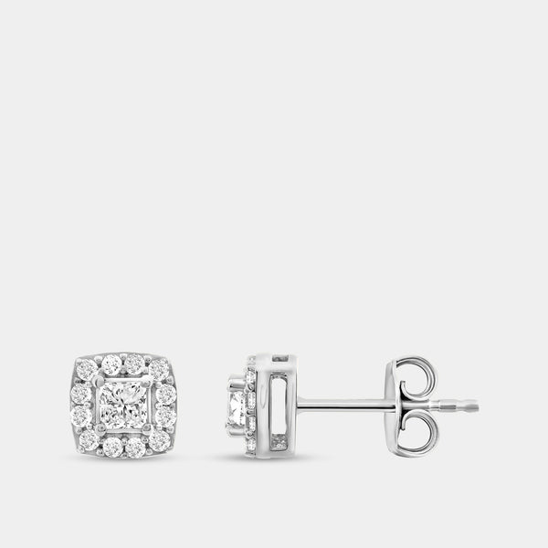 Gilded 1/2 Carat Lab-Grown Diamond Princess-Cut Stud Plus with a Cushion Halo