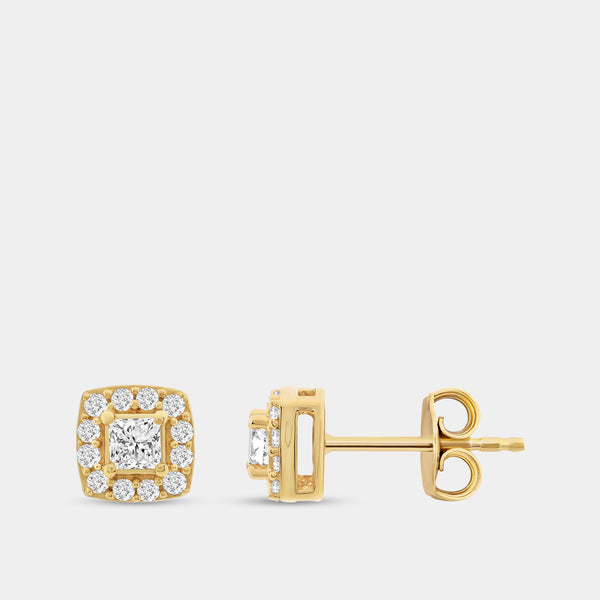 Gilded 1/2 Carat Lab-Grown Diamond Princess-Cut Stud Plus with a Cushion Halo