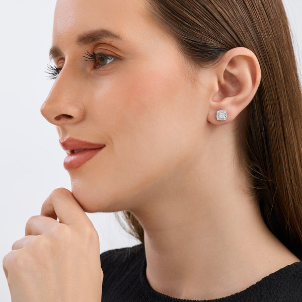 Gilded 1 Carat Lab-Grown Diamond Princess-Cut Stud Plus with a Cushion Halo