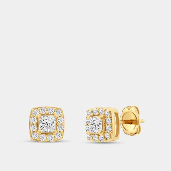 Gilded 1 Carat Lab-Grown Diamond Princess-Cut Stud Plus with a Cushion Halo