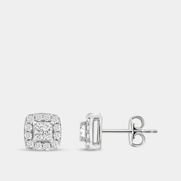 Gilded 1 Carat Lab-Grown Diamond Princess-Cut Stud Plus with a Cushion Halo