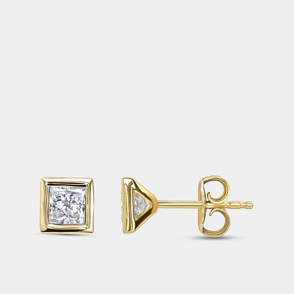 3/4 Carat Lab-Grown Diamond Princess-Cut, Bezel-Set Solitaire Studs — GILDED New York