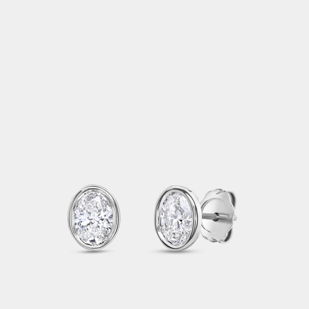 Gilded 1 Carat Lab-Grown Diamond Oval-Shaped, Bezel-Set Solitaire Studs