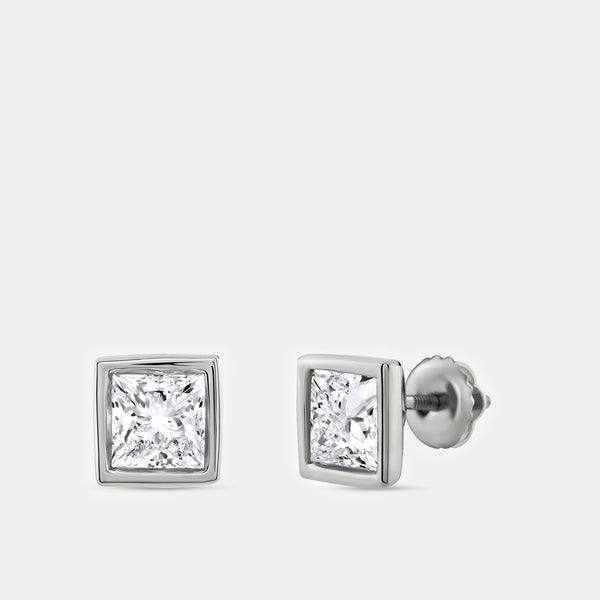 Gilded 2 Carat Lab-Grown Diamond Princess-Cut, Bezel-Set Solitaire Studs