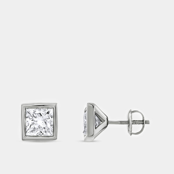 Gilded 2 Carat Lab-Grown Diamond Princess-Cut, Bezel-Set Solitaire Studs