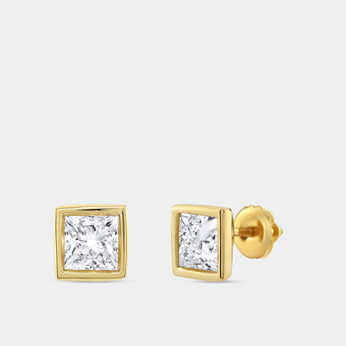 Gilded 2 Carat Lab-Grown Diamond Princess-Cut, Bezel-Set Solitaire Studs