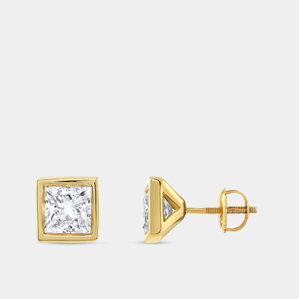 Gilded 2 Carat Lab-Grown Diamond Princess-Cut, Bezel-Set Solitaire Studs