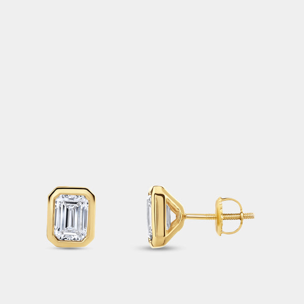 Gilded 2 Carat Lab-Grown Diamond Emerald-Cut, Bezel-Set Solitaire Studs