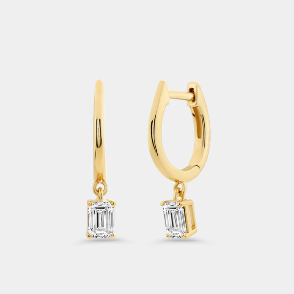 Gilded 3/4 Carat Lab-Grown Diamond Huggie Hoop Earrings with an Emerald-Cut Drop