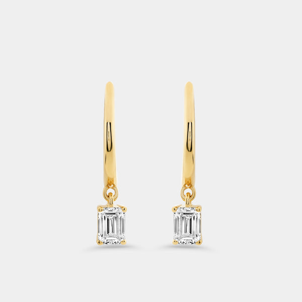 Gilded 3/4 Carat Lab-Grown Diamond Huggie Hoop Earrings with an Emerald-Cut Drop
