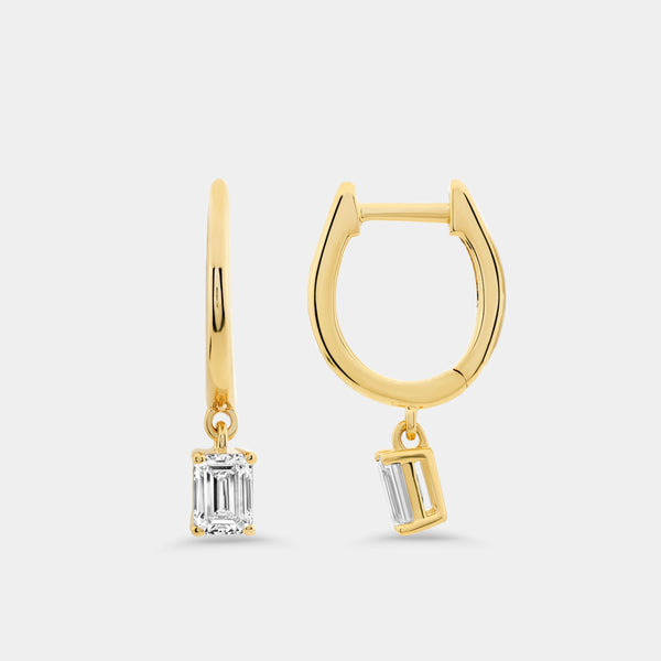 Gilded 3/4 Carat Lab-Grown Diamond Huggie Hoop Earrings with an Emerald-Cut Drop