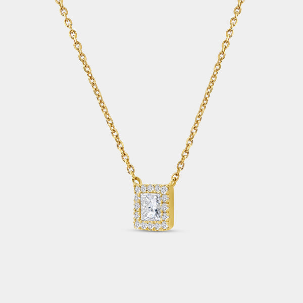 Gilded 1/2 Carat Lab-Grown Diamond Princess-Cut Solitaire Plus Pendant with a Delicate Halo