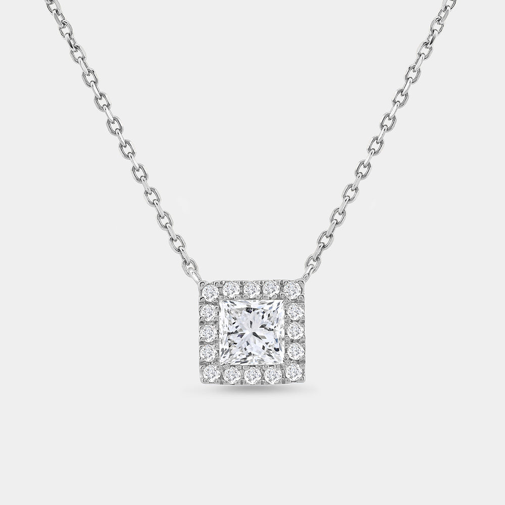 Gilded 3/4 Carat Lab-Grown Diamond Princess-Cut Solitaire Plus Pendant with a Delicate Halo