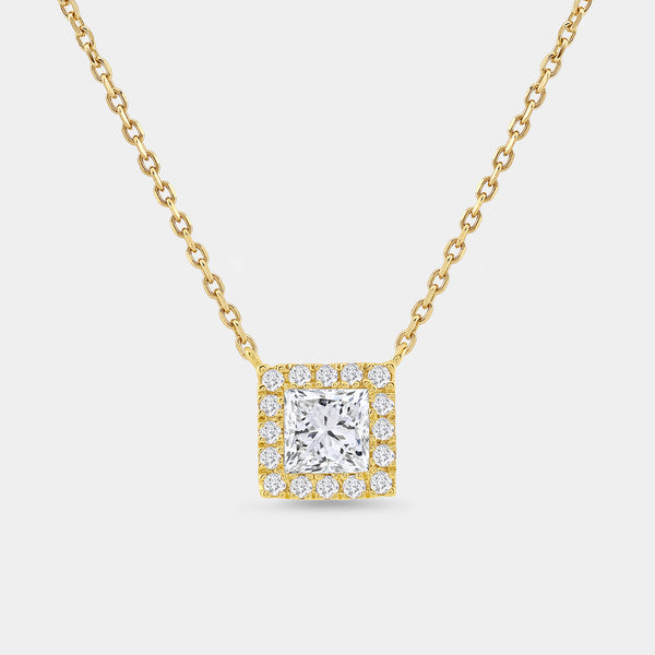 Gilded 3/4 Carat Lab-Grown Diamond Princess-Cut Solitaire Plus Pendant with a Delicate Halo