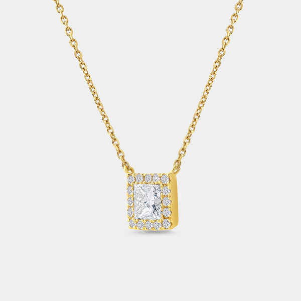 Gilded 3/4 Carat Lab-Grown Diamond Princess-Cut Solitaire Plus Pendant with a Delicate Halo