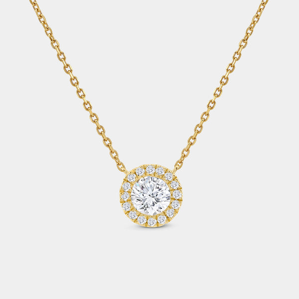 Gilded 3/4 Carat Lab-Grown Diamond Round-Shaped Solitaire Plus Pendant with a Delicate Halo