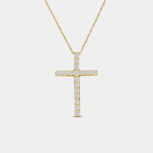 Gilded 1 Carat Lab-Grown Diamond Elongated Cross Pendant With Round-Shaped Diamonds