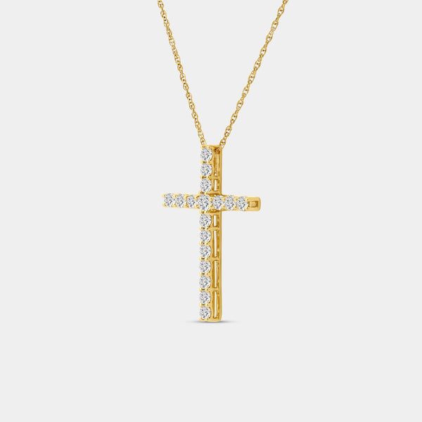 Gilded 1 Carat Lab-Grown Diamond Elongated Cross Pendant With Round-Shaped Diamonds