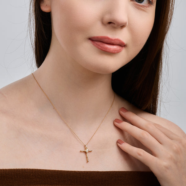 Gilded 1/4 Carat Lab-Grown Diamond Cross Pendant with a Two-Stone Center