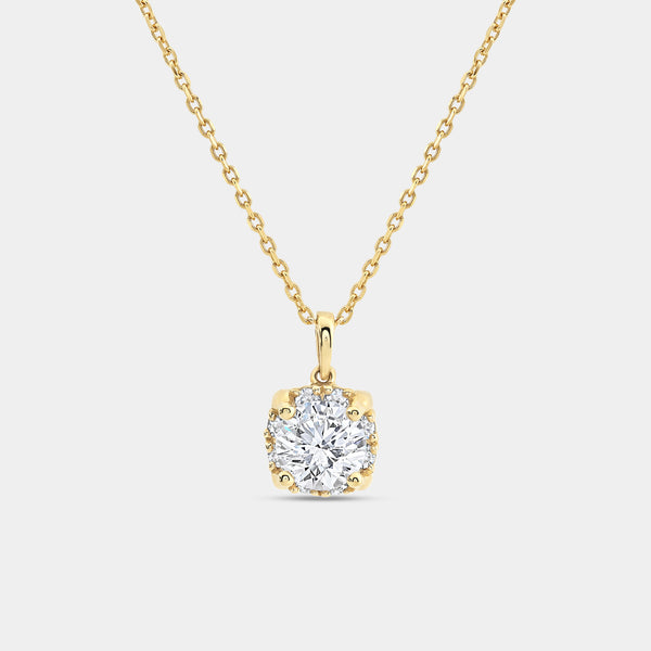Gilded 1 and 1/2 Carat Lab-Grown Diamond Round-Shaped Cushion Hidden Halo Solitaire Plus Pendant