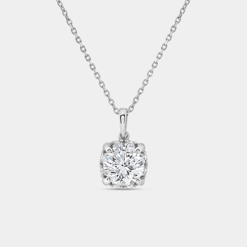Gilded 2 Carat Lab-Grown Diamond Round-Shaped Solitaire Plus Pendant with a Hidden Cushion Halo