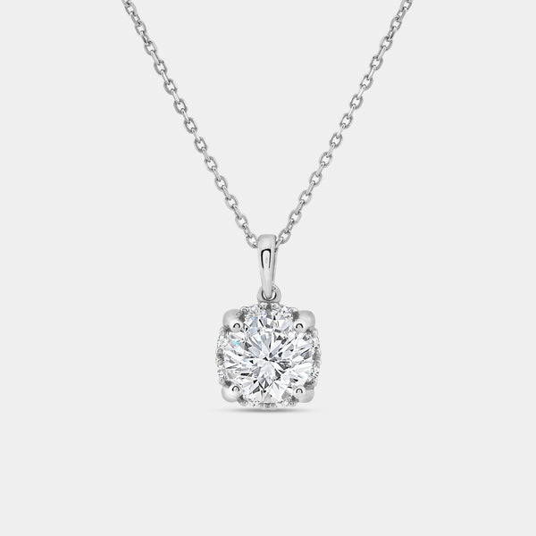 Gilded 2 Carat Lab-Grown Diamond Round-Shaped Solitaire Plus Pendant with a Hidden Cushion Halo