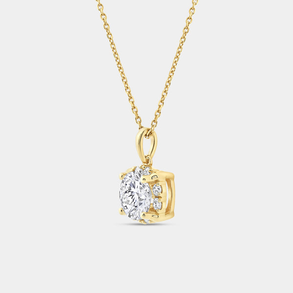Gilded 2 Carat Lab-Grown Diamond Round-Shaped Solitaire Plus Pendant with a Hidden Cushion Halo