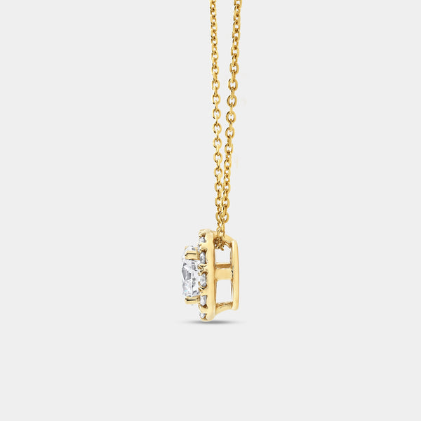Gilded 1 and 1/4 Carat Lab-Grown Diamond Round-Shaped Solitaire Plus Pendant with a Petite Halo