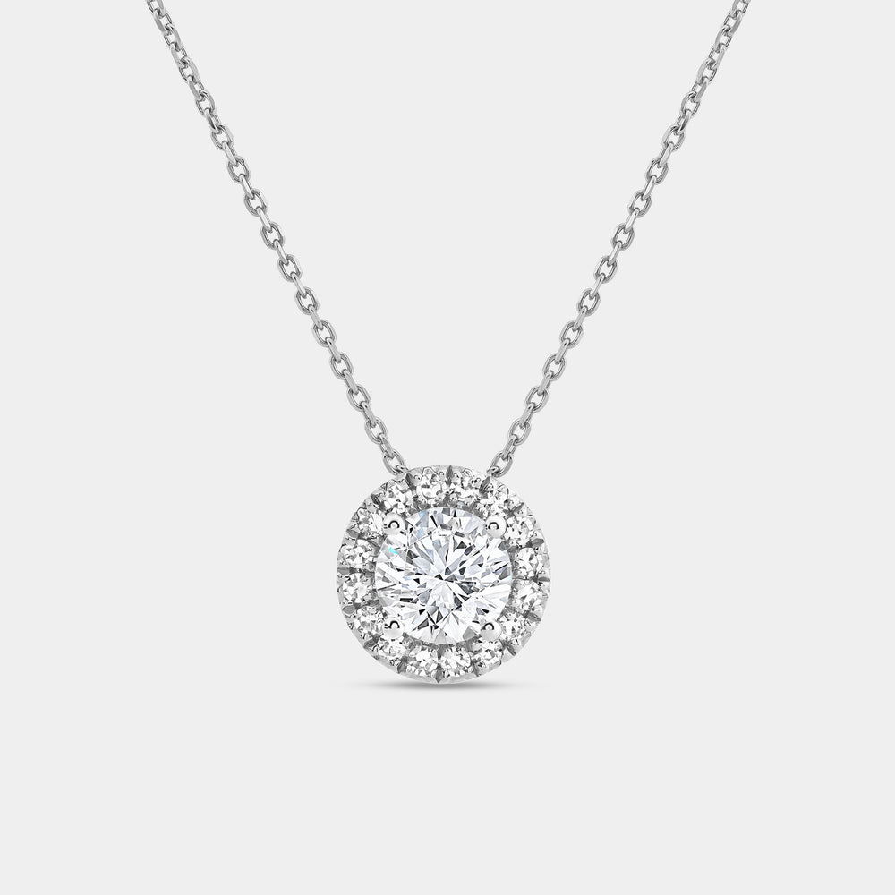 Gilded 1 and 1/2 Carat Lab-Grown Diamond Round-Shaped Solitaire Plus Pendant with a Petite Halo