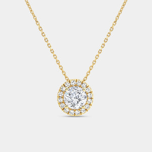 Gilded 1 and 1/2 Carat Lab-Grown Diamond Round-Shaped Solitaire Plus Pendant with a Petite Halo