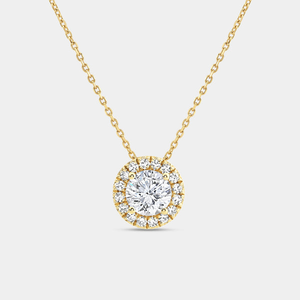 Gilded 1 and 1/2 Carat Lab-Grown Diamond Round-Shaped Solitaire Plus Pendant with a Petite Halo