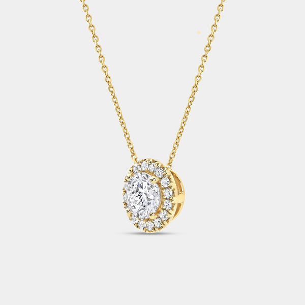 Gilded 1 and 1/2 Carat Lab-Grown Diamond Round-Shaped Solitaire Plus Pendant with a Petite Halo