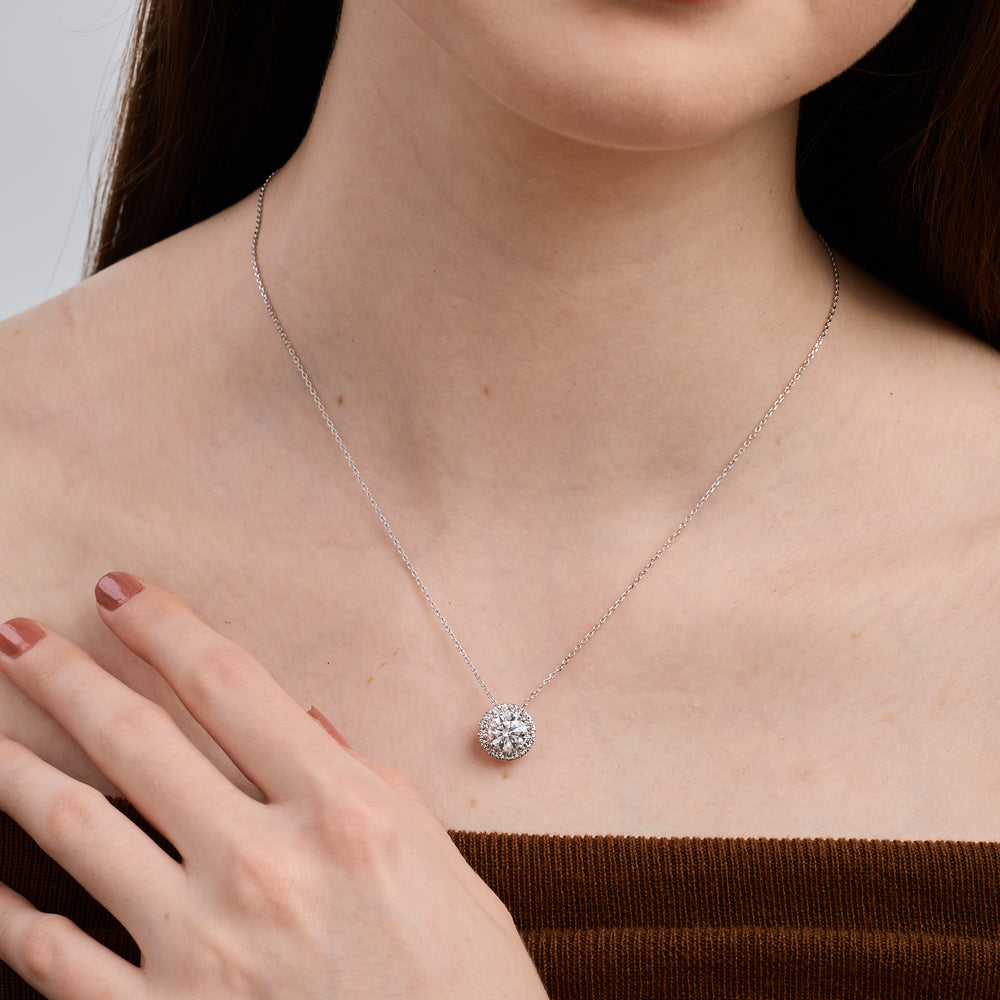Gilded 2 Carat Lab-Grown Diamond Round-Shaped Solitaire Plus Pendant with a Petite Halo