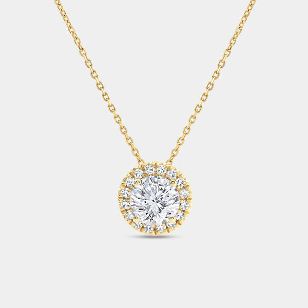 Gilded 2 Carat Lab-Grown Diamond Round-Shaped Solitaire Plus Pendant with a Petite Halo