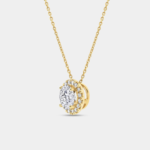 Gilded 2 Carat Lab-Grown Diamond Round-Shaped Solitaire Plus Pendant with a Petite Halo