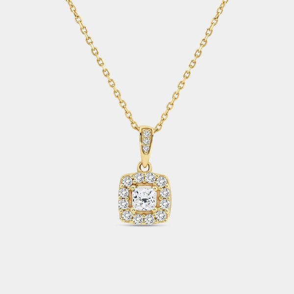 Gilded 1/2 Carat Lab-Grown Diamond Princess-Cut Solitaire Plus Pendant with a Cushion Halo